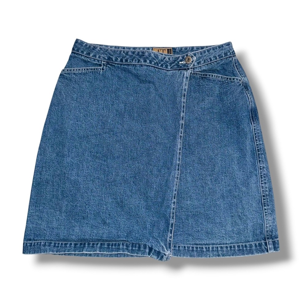 AT Denim Wrap Mini Skirt Women 10 Blue Vintage Medium Wash Cotton 90s A-Line
